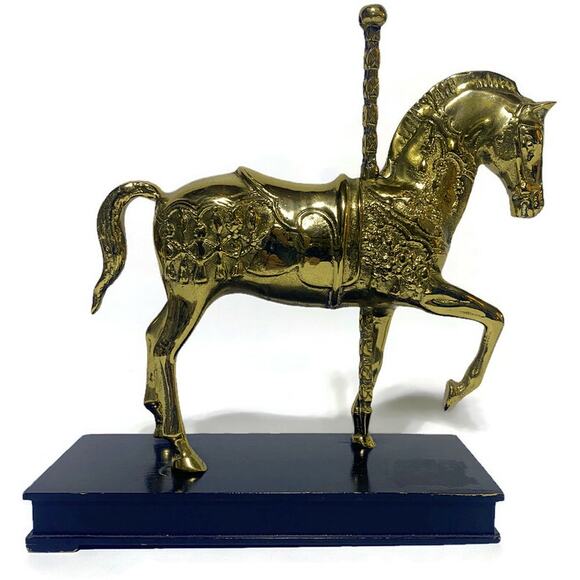 Brass Carousel Horse on Lacquer Wood Base Wildwood Accents 9" x 10.5" - Picture 1 of 7